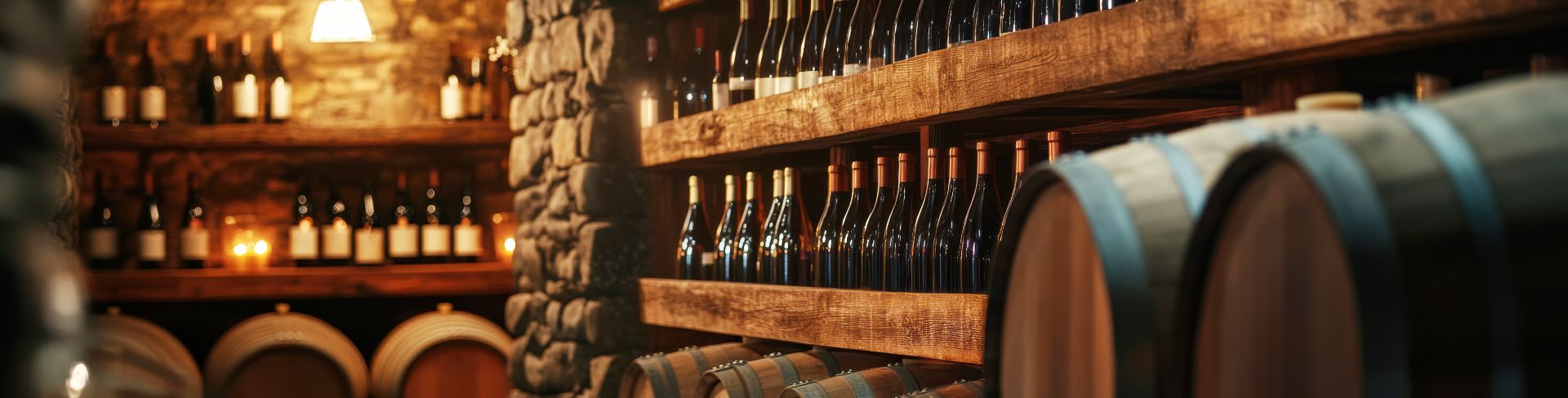 Wine bottles and barrels sit stacked in a wine cellar.