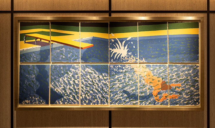 Dive, David Hockney, lithograph on 100% cotton rag art paper. Located on Deck 4, Spa; entry.