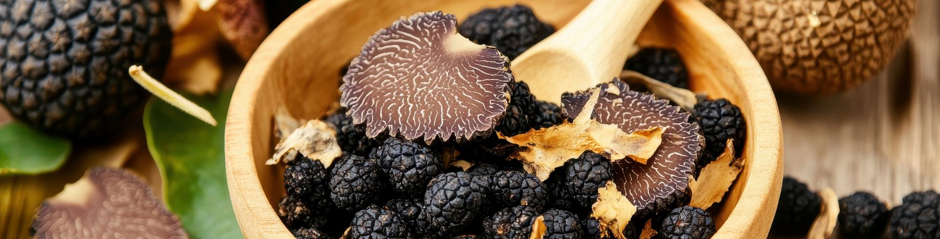 Freshly harvested truffles sit in a wooden bowl. 