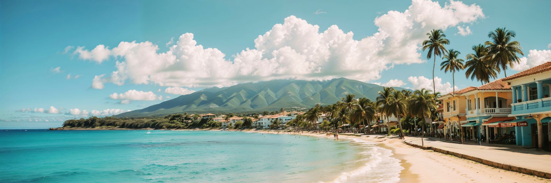 Pastel colored buildings line a sandy beach.