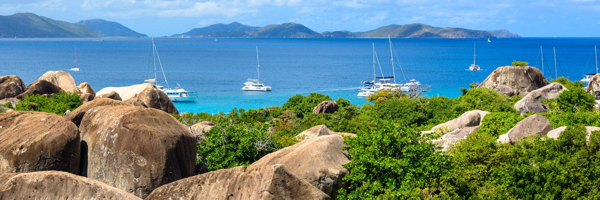 Rocks and trees sit before a deep blue waterway.