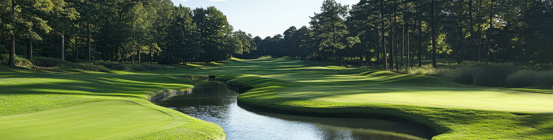 A calm waterway runs along a pristine golf course.