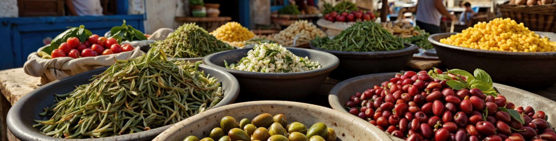 Olives and other freshly picked produce sit for sale in a street market.