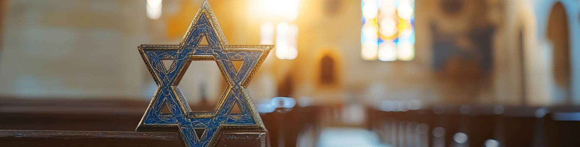 The Star of David sits before windows in a synagogue being illuminated by the sun.