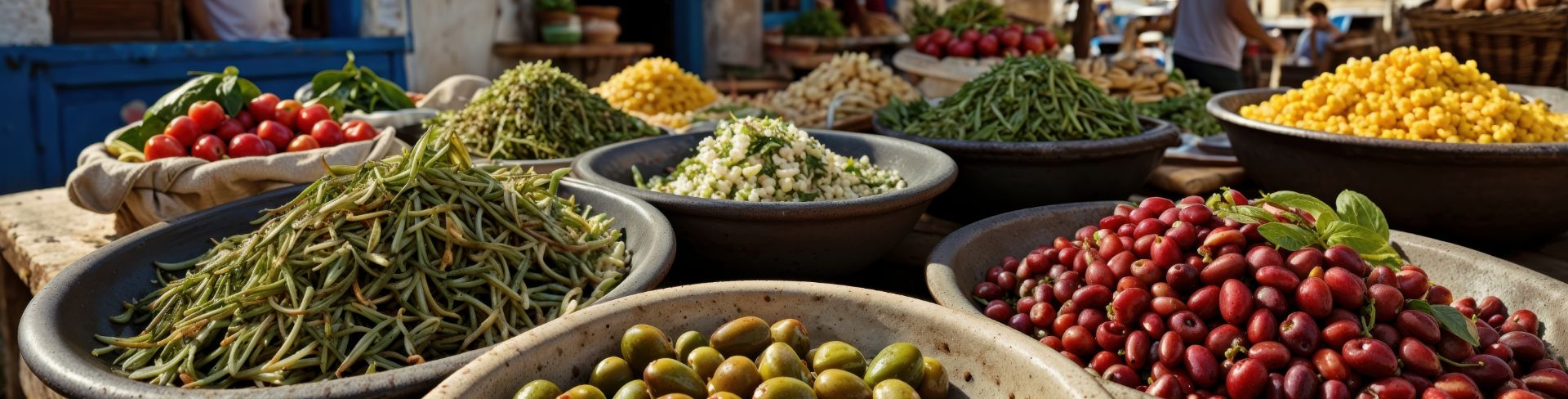 Olives and other freshly picked produce sit for sale in a street market.
