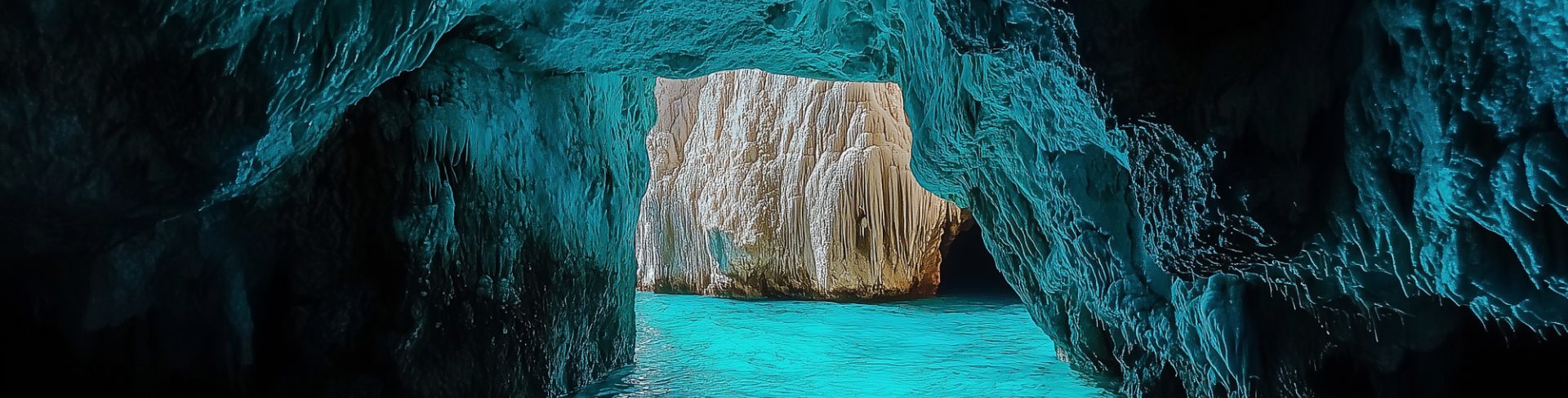 Blue waters fill a cave.