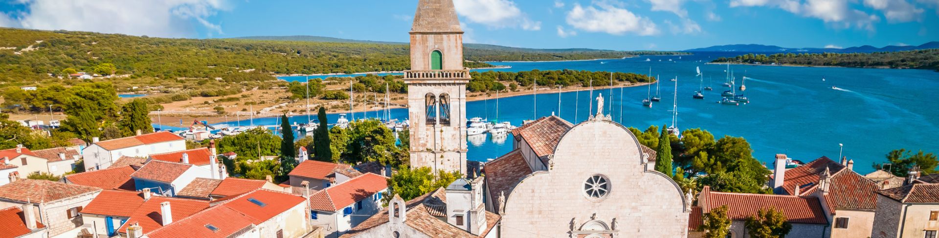 A bell tower peaks above a small town on the water.