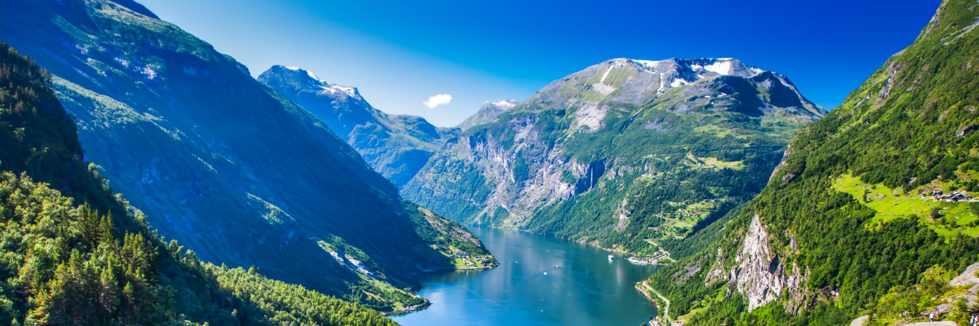 Bright blue skies overlook tree covered mountains.