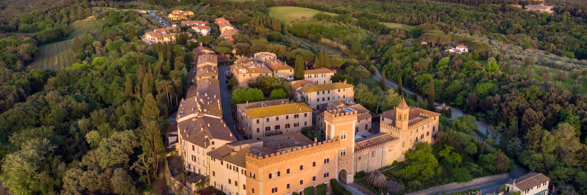 Buildings sit atop a tree covered hill. 