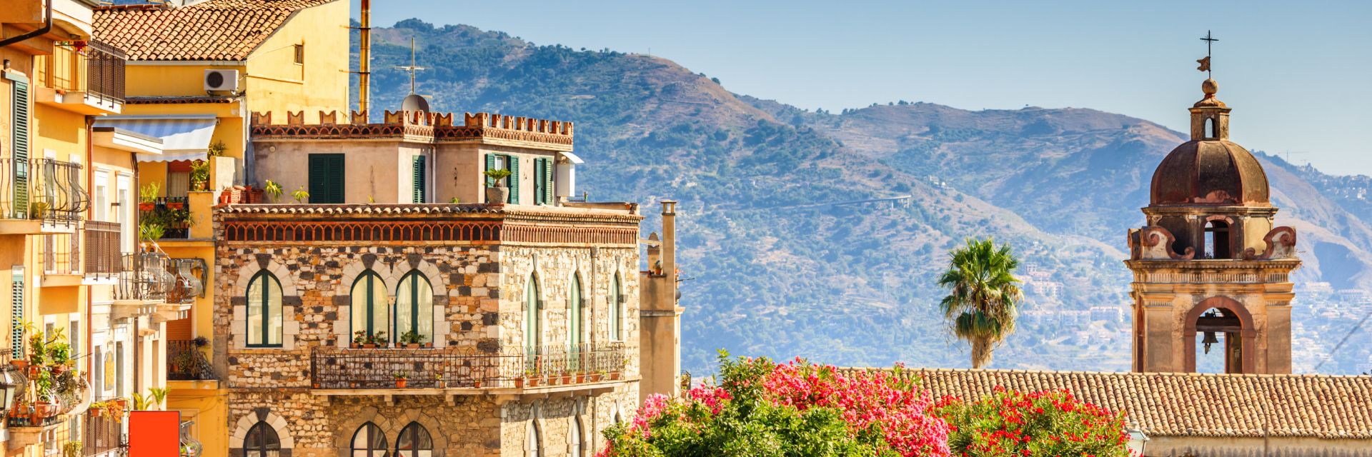 Building tops sit before a large mountain.
