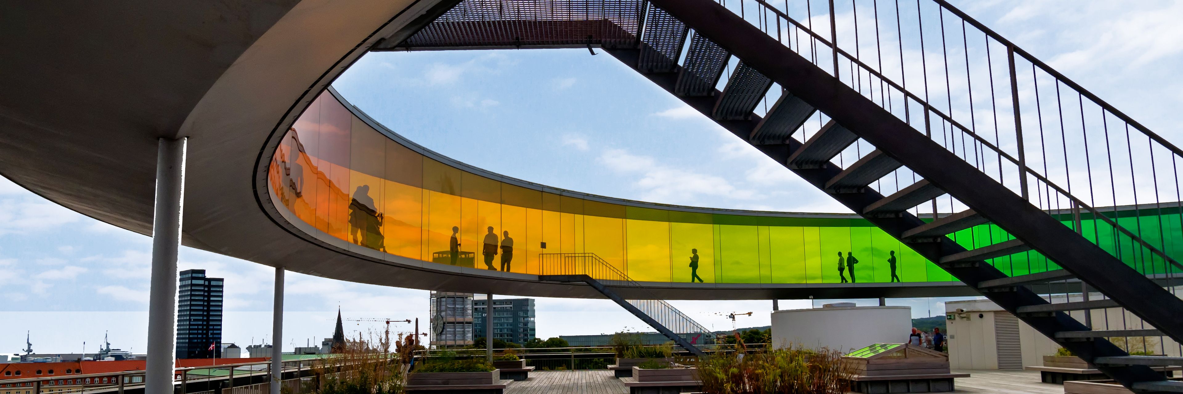 A set of stairs leads to a colorful walkway in Aarhus, Denmark.