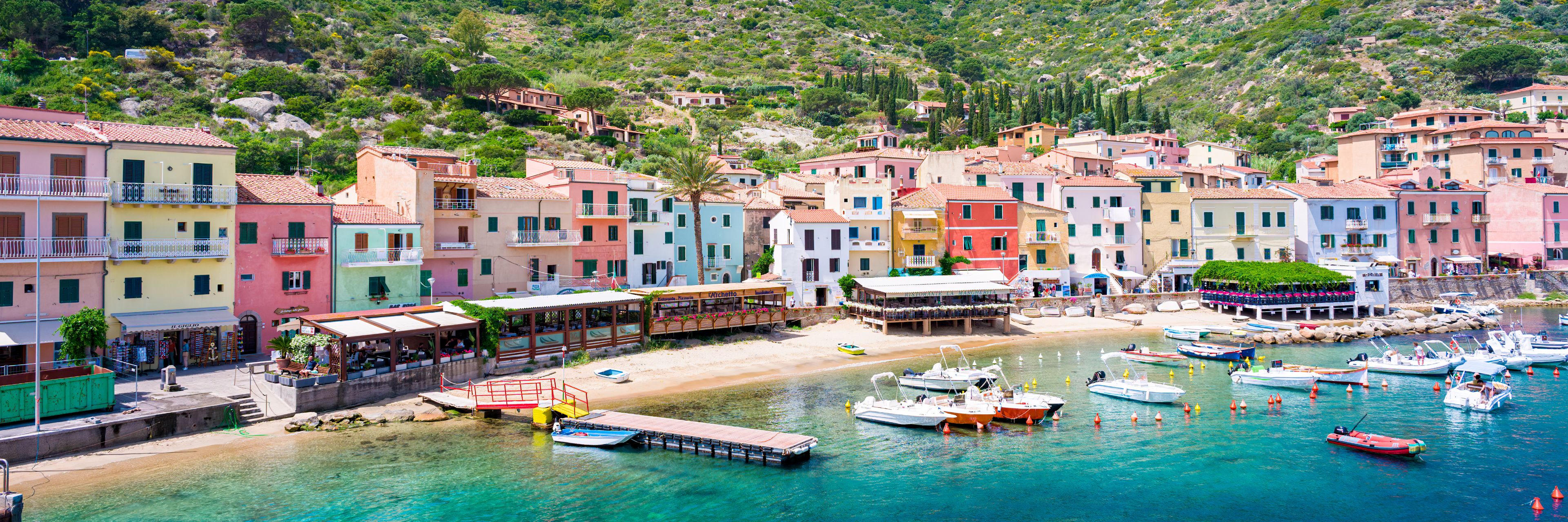 Buildings sit before a tree covered hillside overlooking the water.
