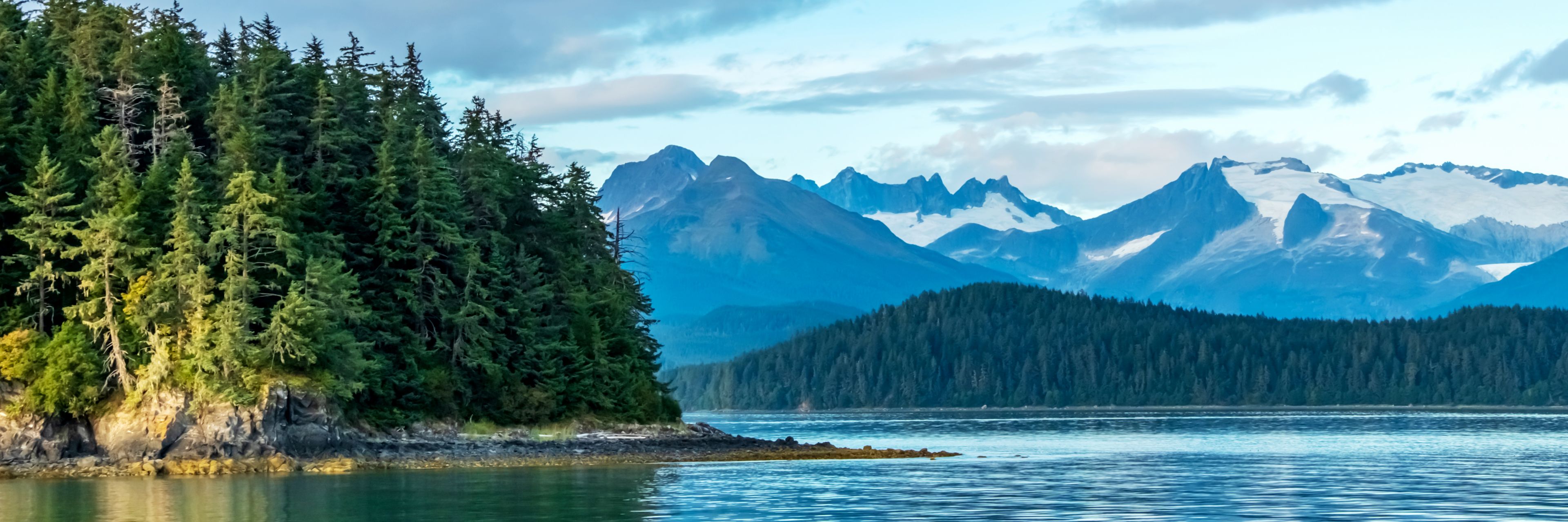 Trees cover a small island sitting in bright blue waters with snow capped mountains in the background.