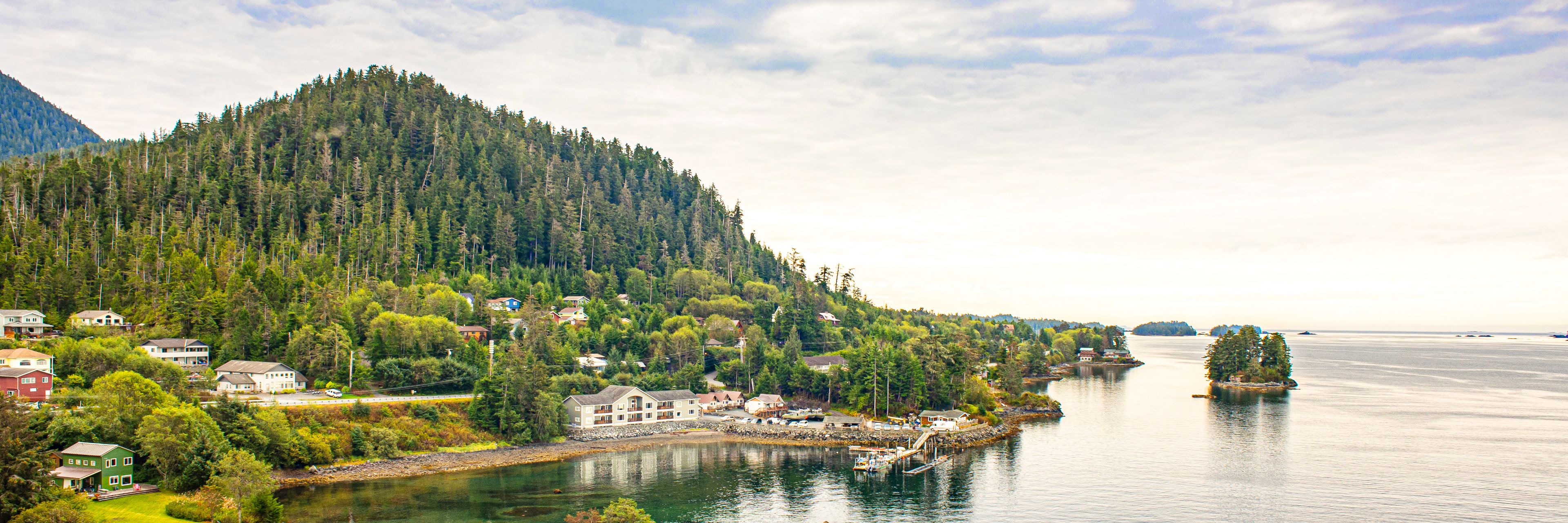 A tree covered mountain sits overlooking a small town on the sea.