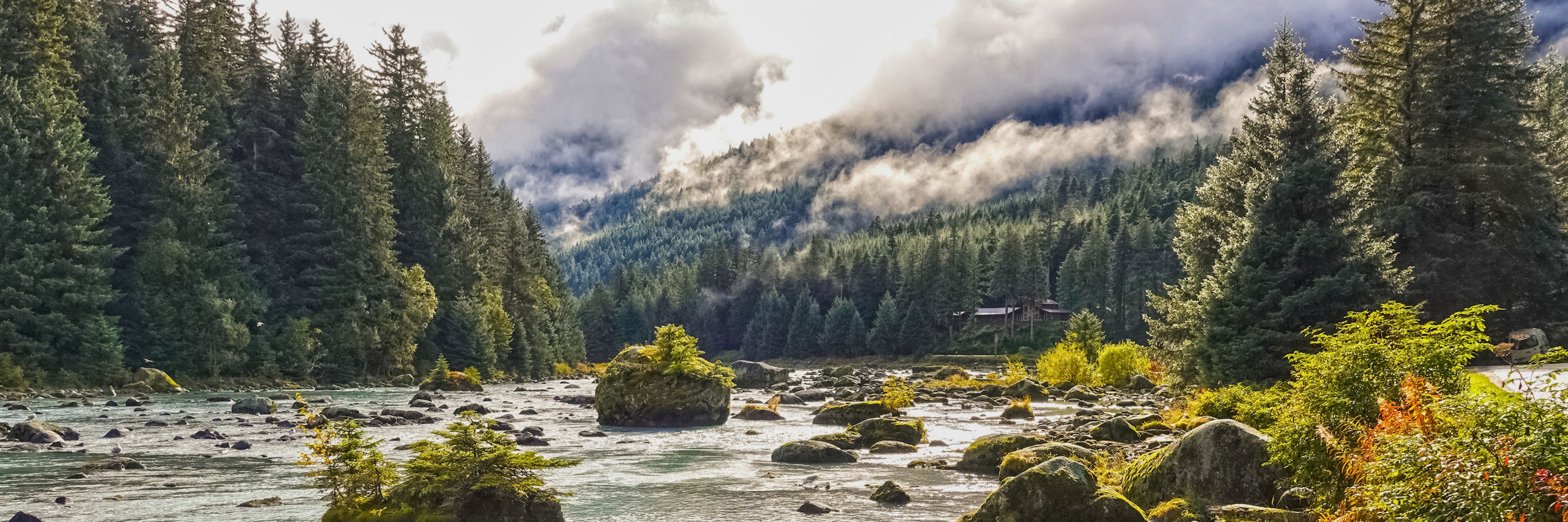 A shallow river leads through bright green foliage between mountains.