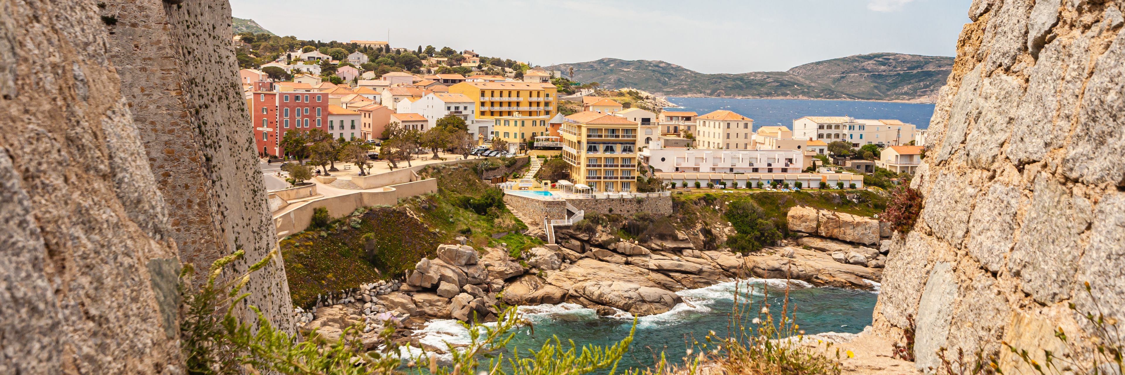 A rocky area overlooking the sea in Calvi, Corsica.