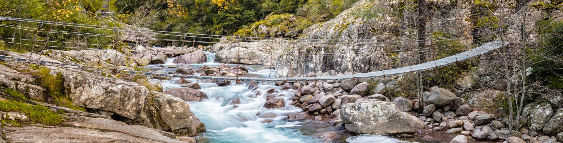Bridge over a river with large rocks on both sides. 