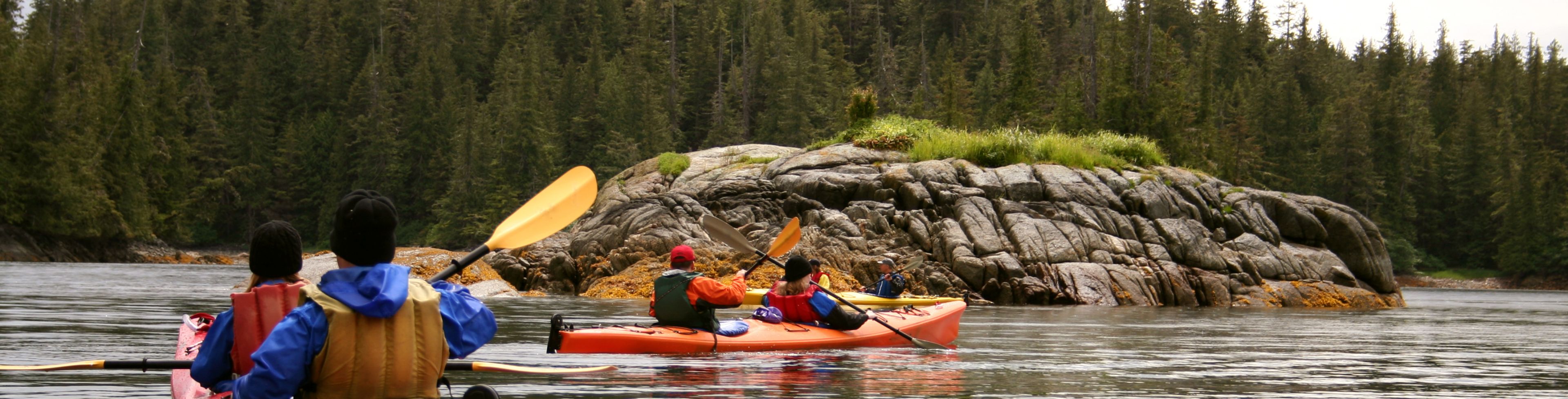 Multiple kayaks and people kayaking on the ocean. 