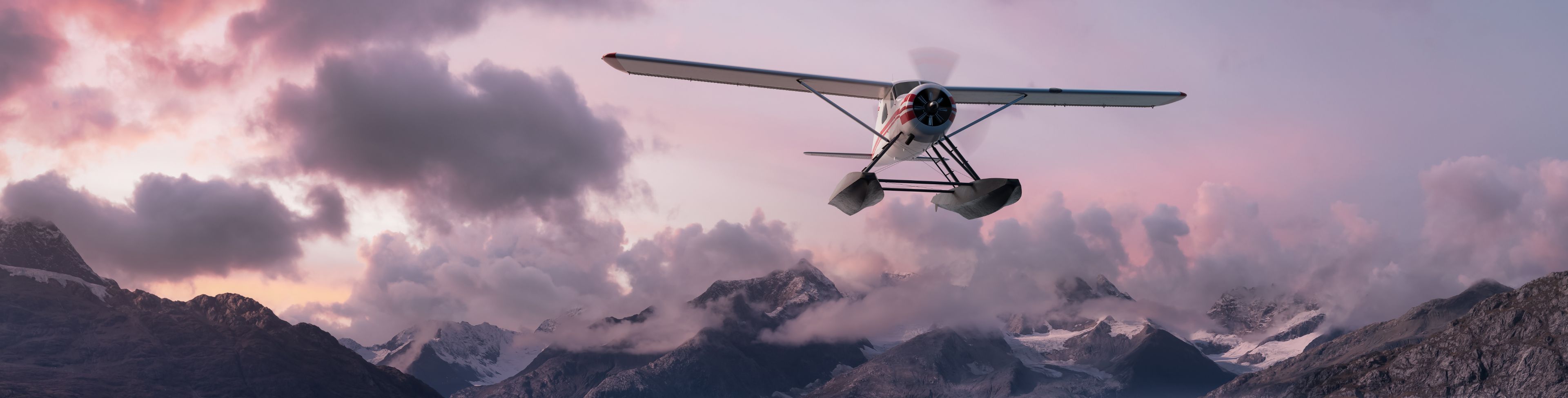 Seaplane flying over water.