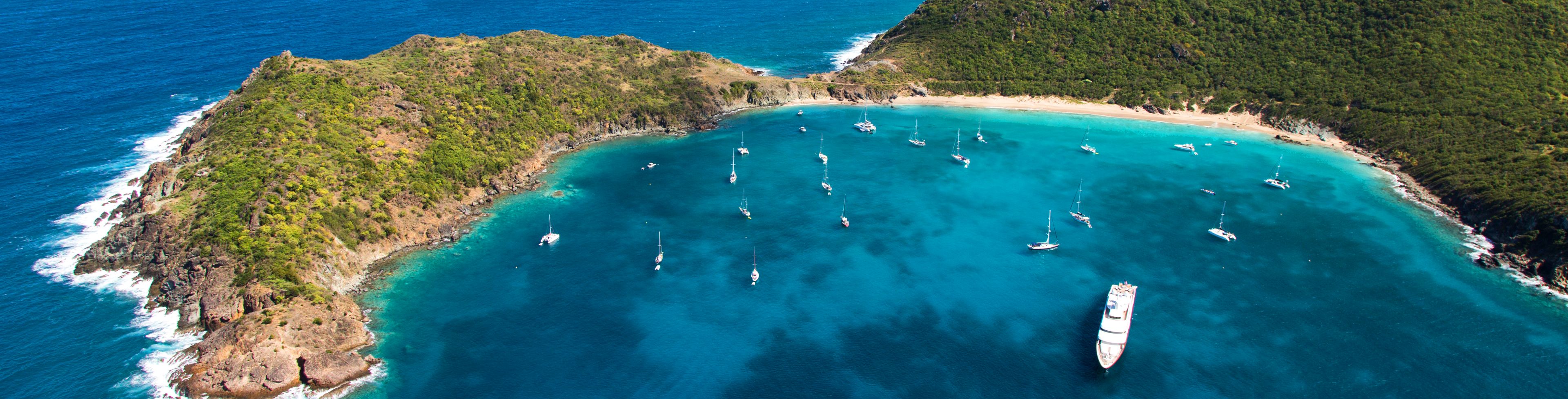 Aerial view of cove and shoreline along the island. 