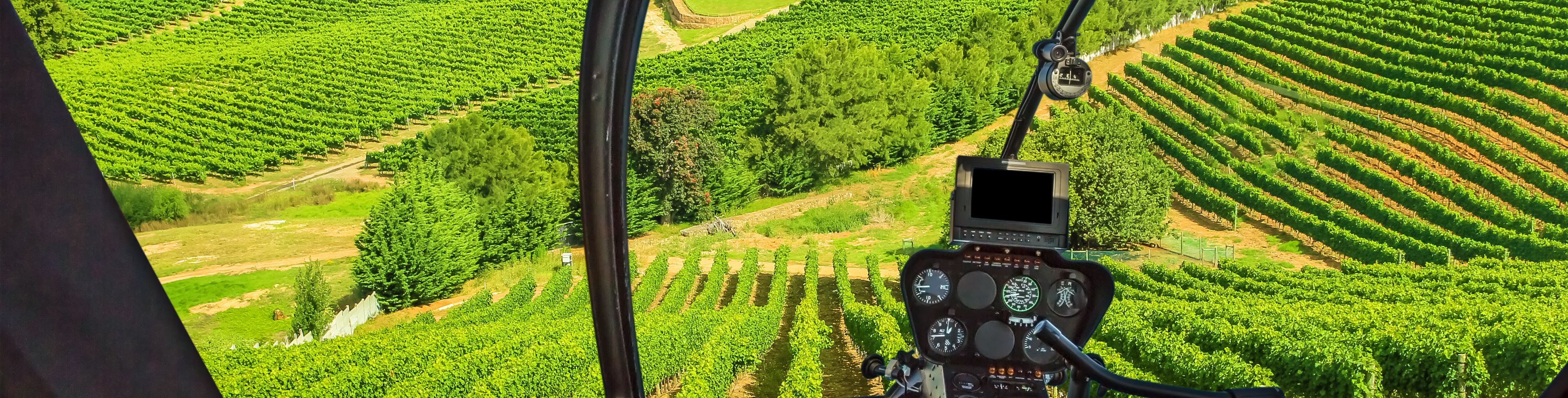 Helicopter view of green fields below. 