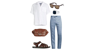 An outfit choice for a man of a shirt, pants, bag, shoes, watch, and sunglasses. 