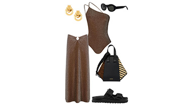 An outfit choice for a woman of a shirt, pants, purse, shoes, earings, and sunglasses. 