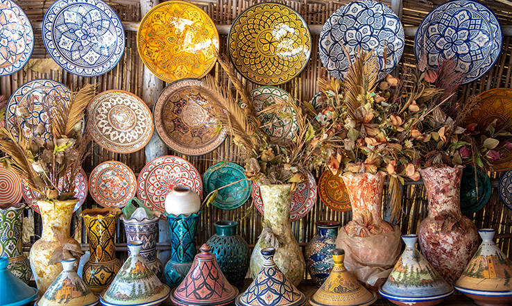 Vases and plates on display.