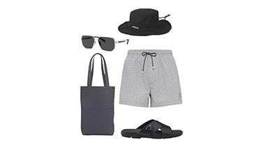Outfit items for a man, hat, sunglasses, shorts, and shoes. 