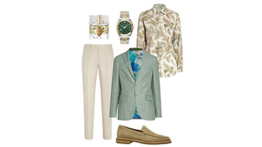 Outfit items for men, a suit jacket, long button up shirt, slacks, cologne, watch, and shoes.