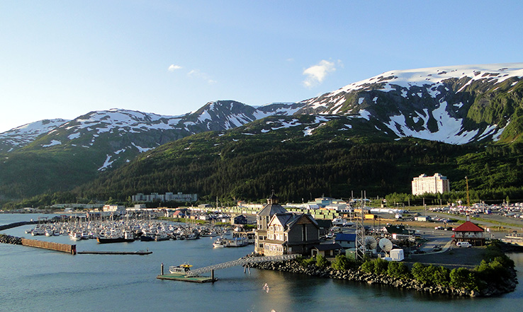 Whittier port and town from an aerial view.