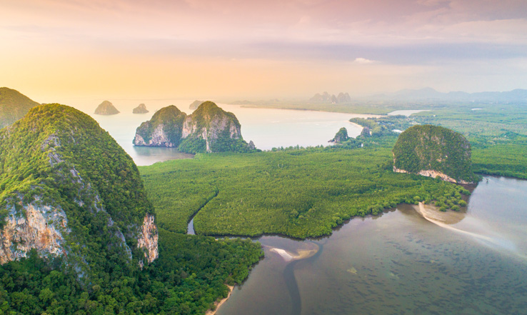 Land of green trees, surrounded by water. 