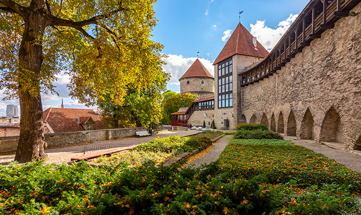 Wall and tower surrounding a courtyard. 