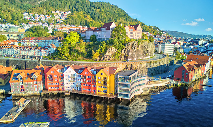 Line of buildings on a dock/port. 