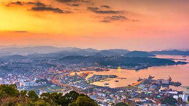 Aerial view of Japan city at sunset. 