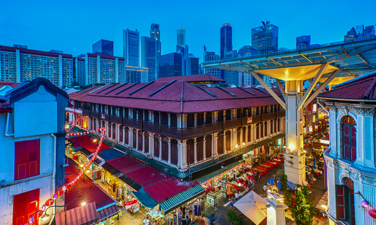 Aerial view of china town bustling with people. 