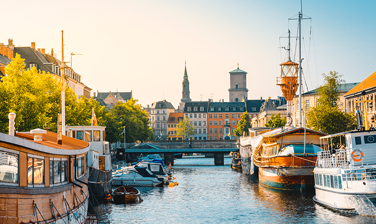 Boats docked along a canal in Copenhagen’s old town.