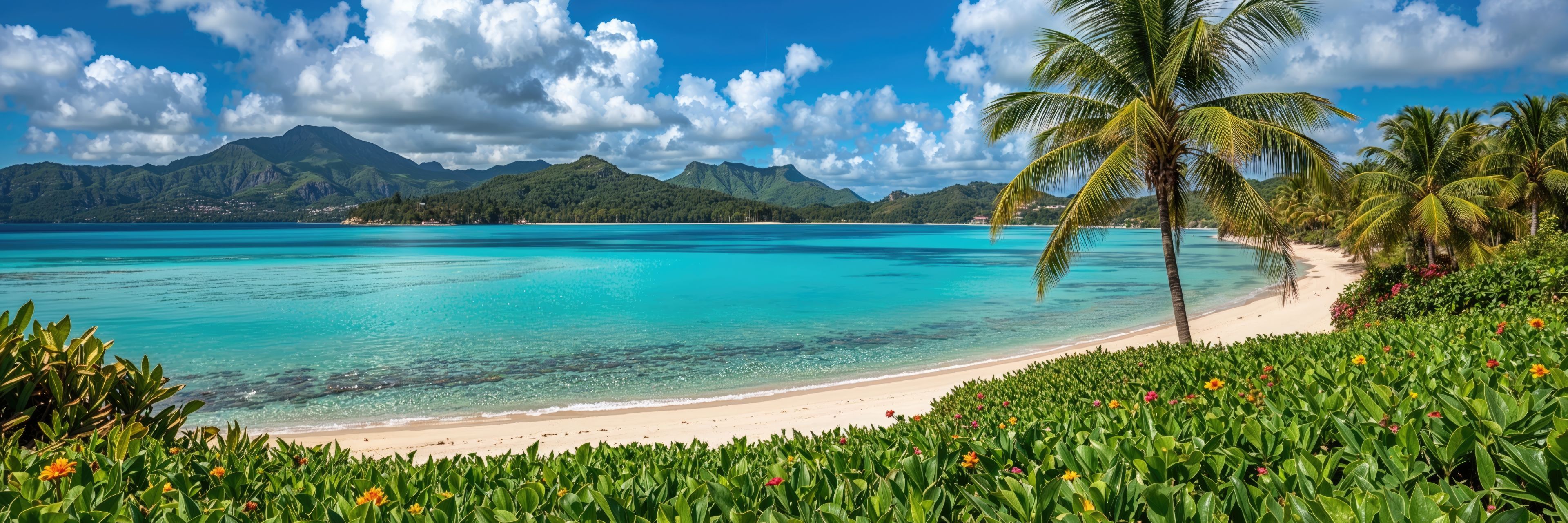 Sandy beach overlooking blue water. 
