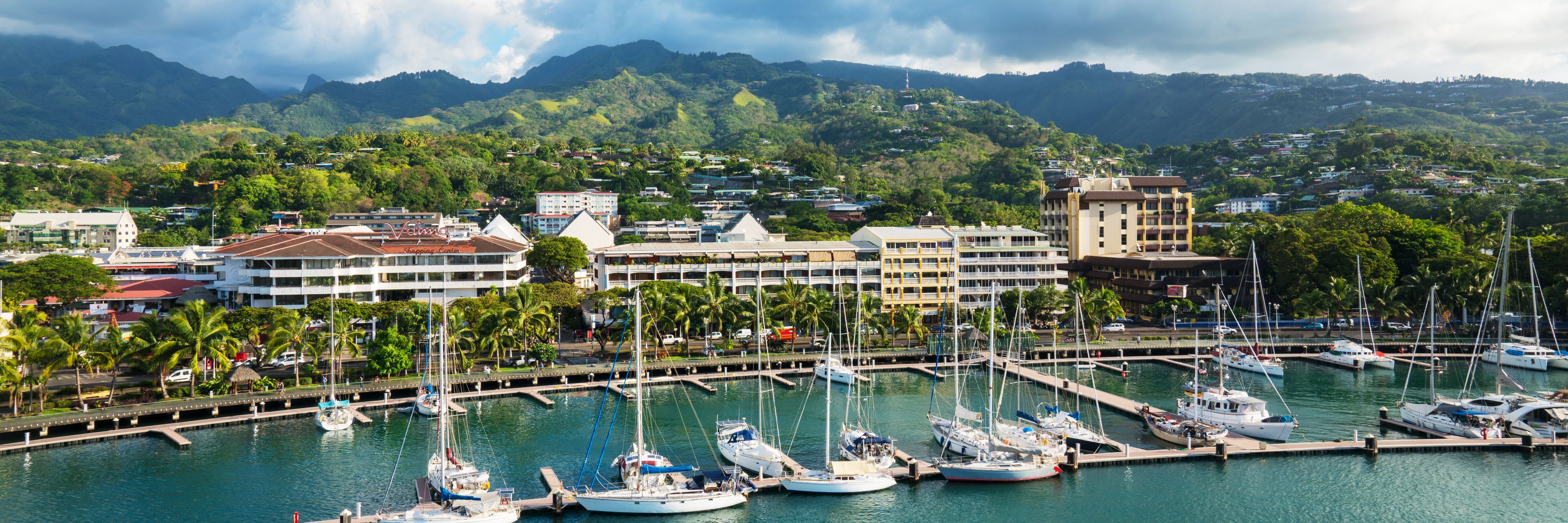 Marina port along island shore. 