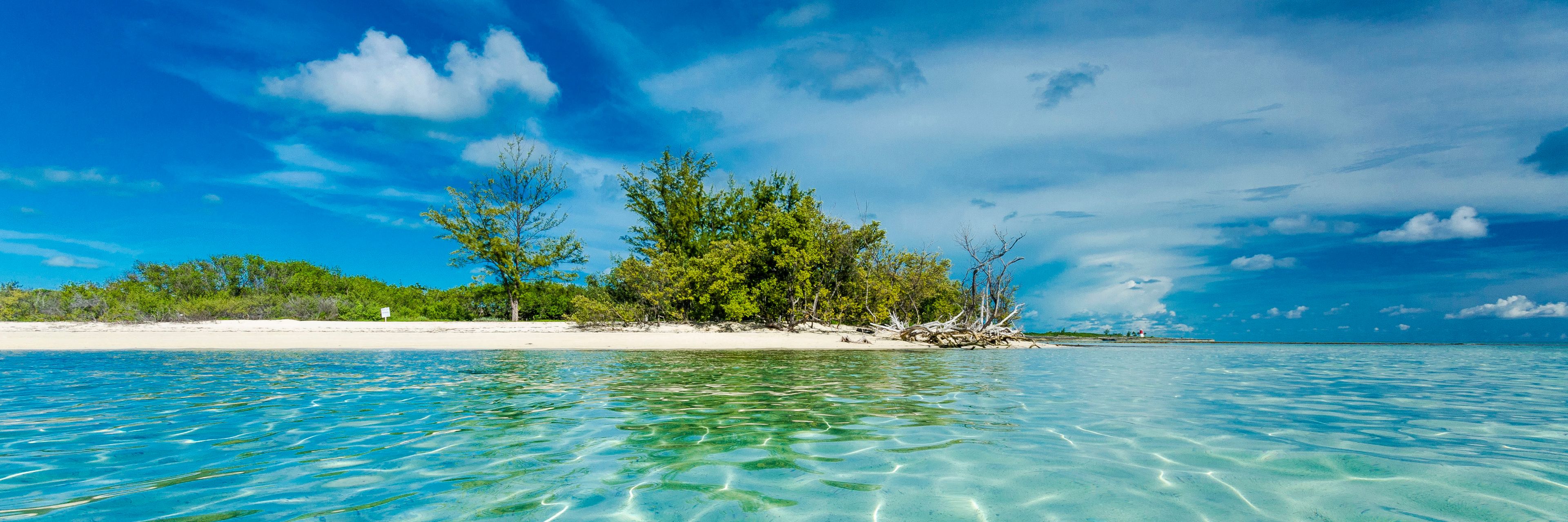 Ocean view of sandy beach and island. 
