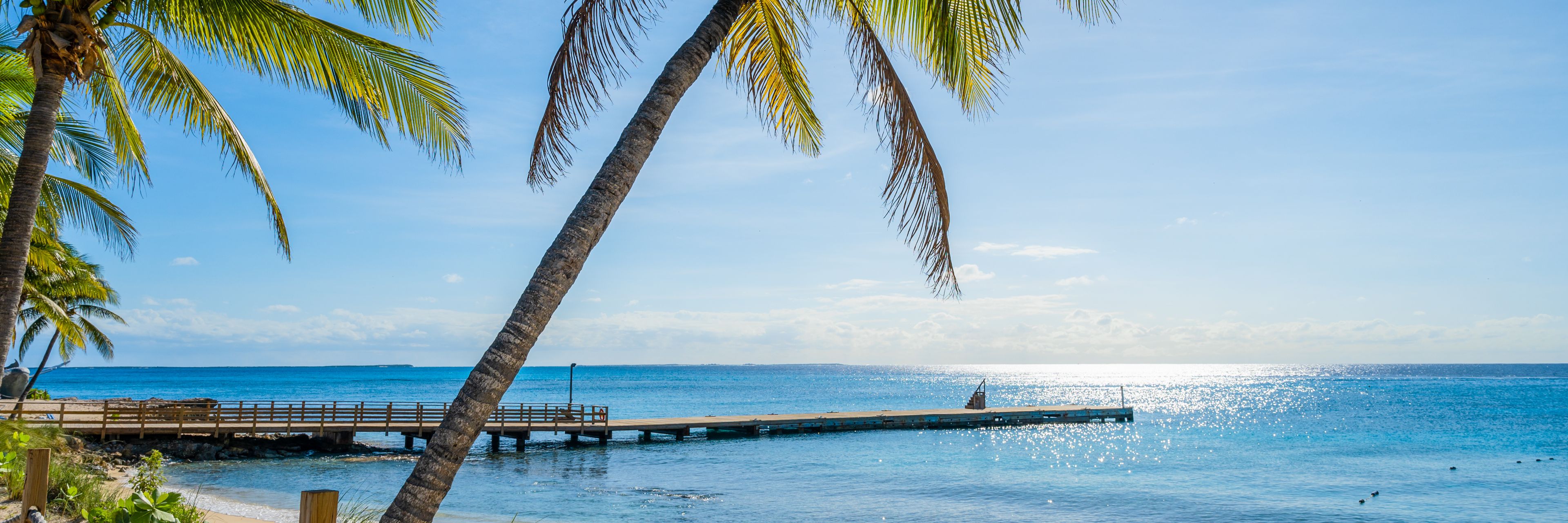 Beach view of a dock going in the ocean. 