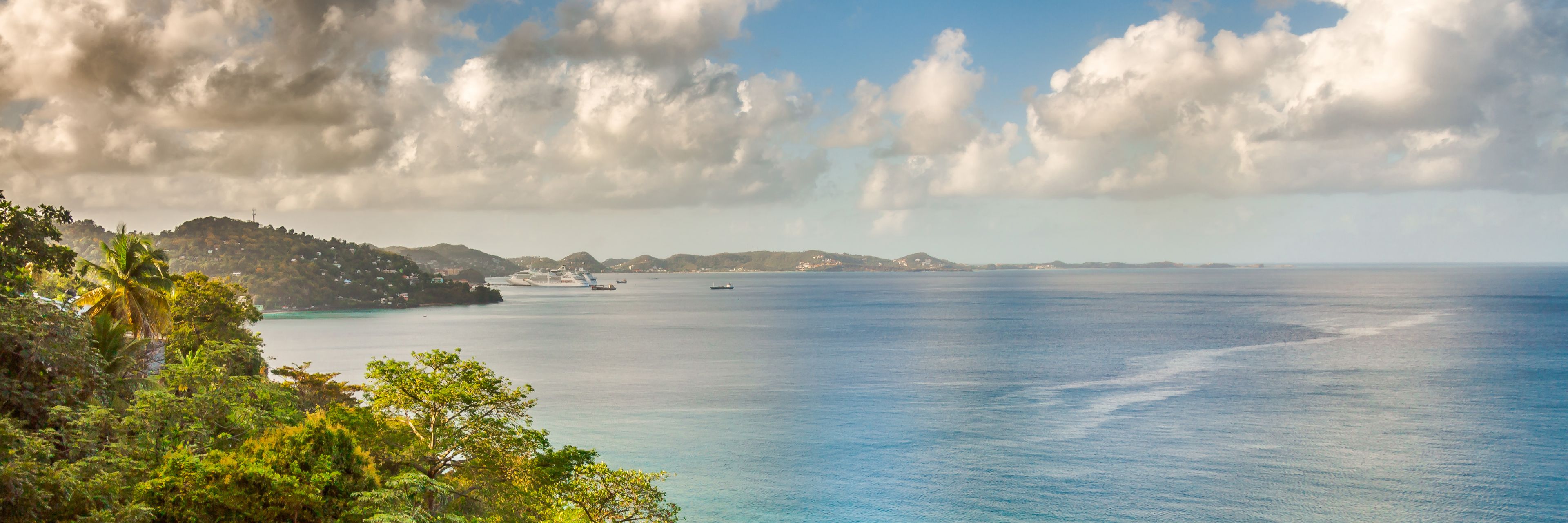View of the island and ocean from up high. 