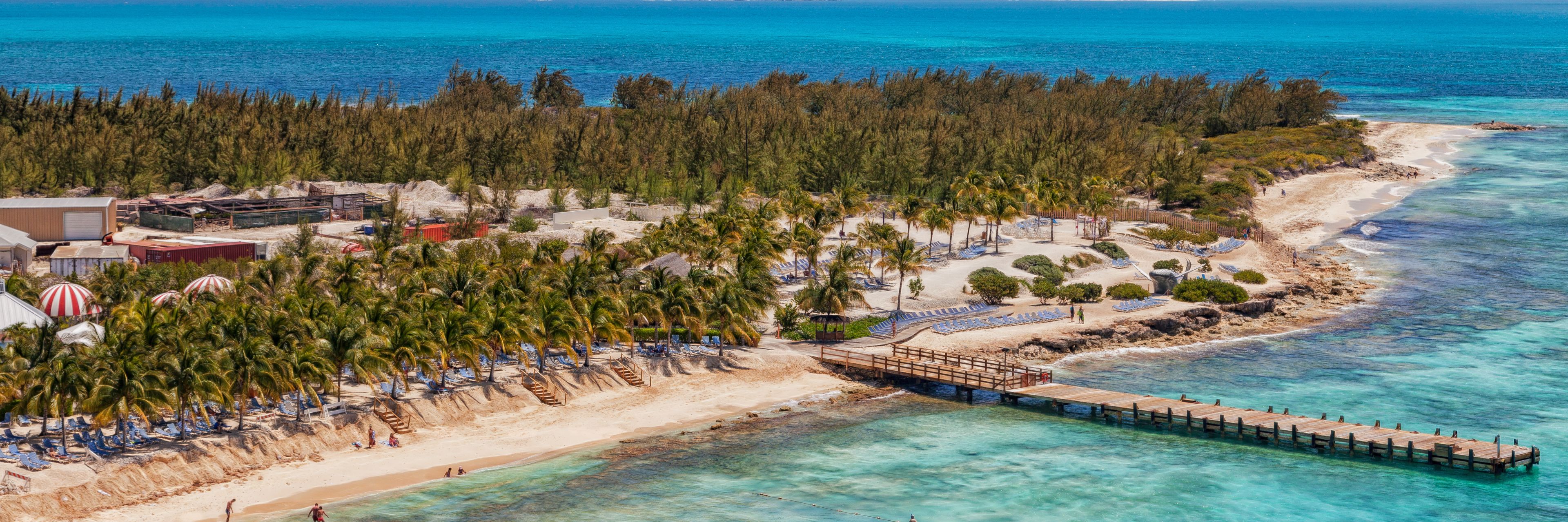 Aerial view of a dock and island. 