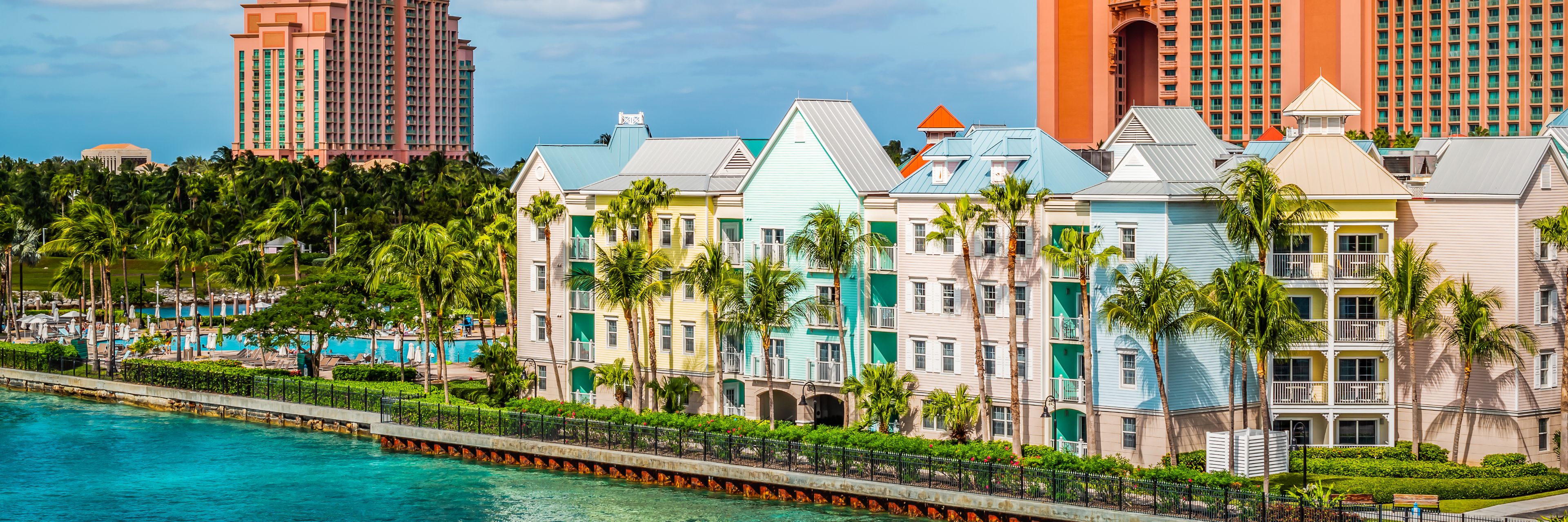 View of buildings and shore. 