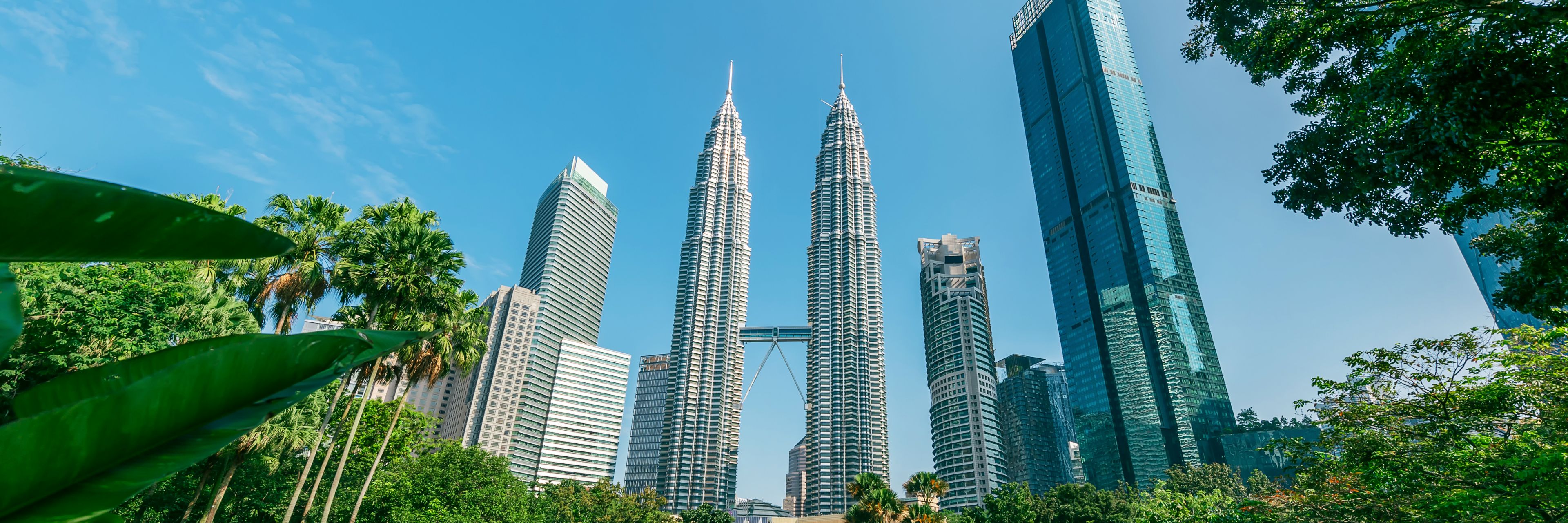 Ground view of city skyscrapers. 