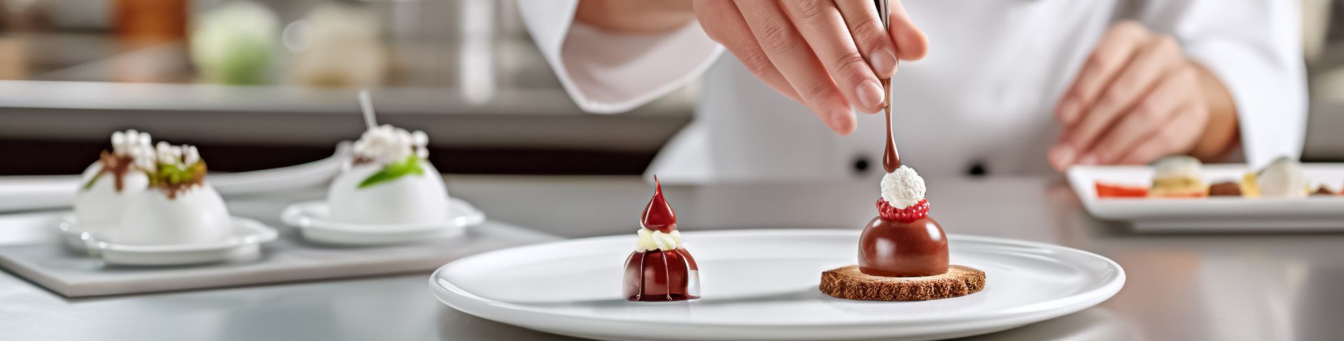 Chef putting together a dessert on a plate. 