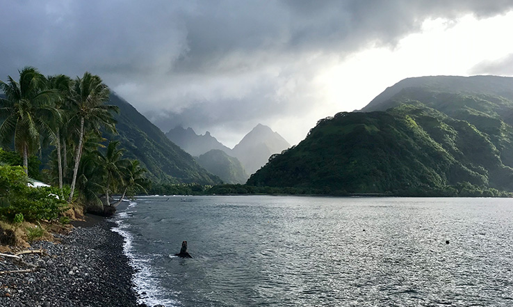 Beach with mountains in the distance.