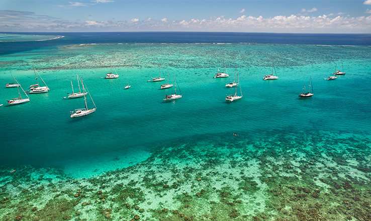 Aerial view of several boats sailing on clear blue waters. 