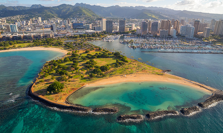 Aerial view of Honolulu island. 