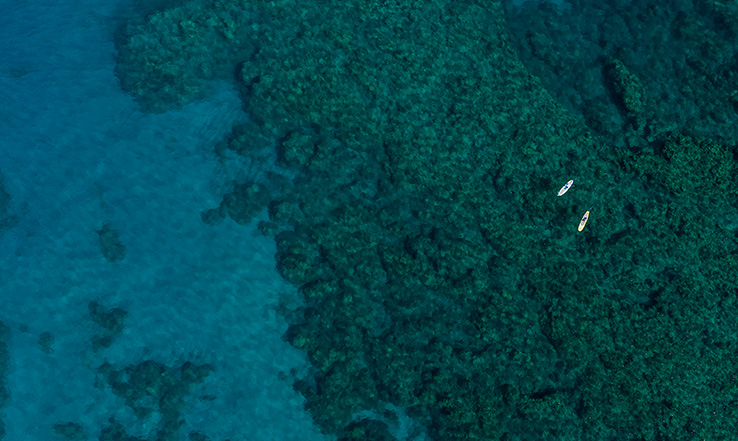 Aerial view of two kayaks, kayaking on the ocean. 